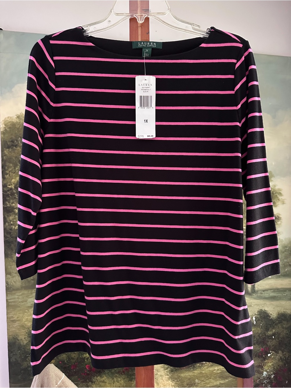 NWT Lauren Ralph Lauren 1X Black Pink Stripe Boat Neck Tunic Top